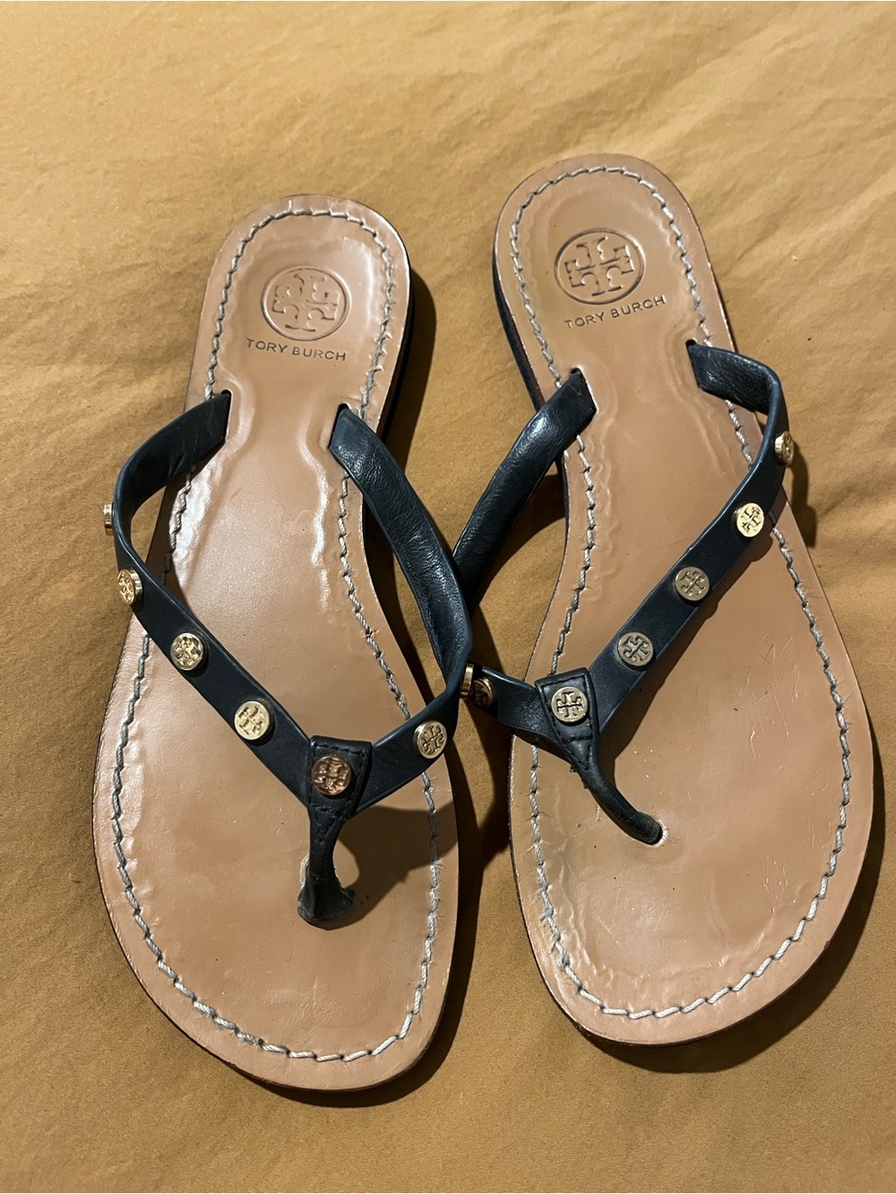 Tory Burch Black Leather Logo-Stud Toe-Post Sandals with Tan Footbed